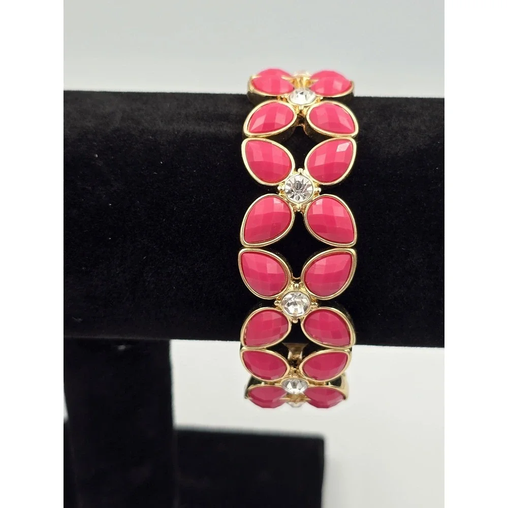 Gold Tone Hot Pink Faceted‎ Stone Stretch Bracelet Clear Rhinestone Accents